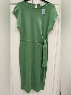 Ann Taylor Weekend Sage Green Knit Dress Petite 12 Tie Waist Midi